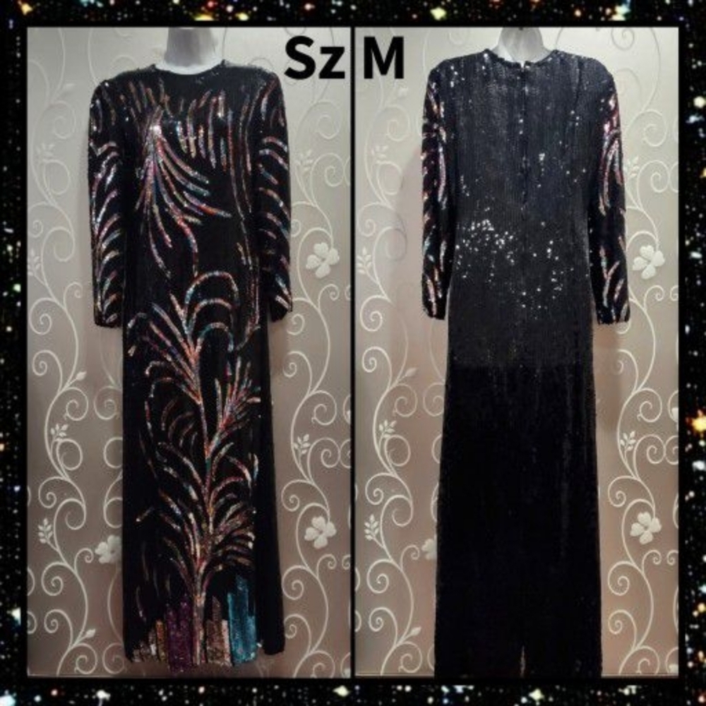 WOMENS VINTAGE BLACK WITH RAINBOW SEQUINS FORMAL DRESS SIZE M